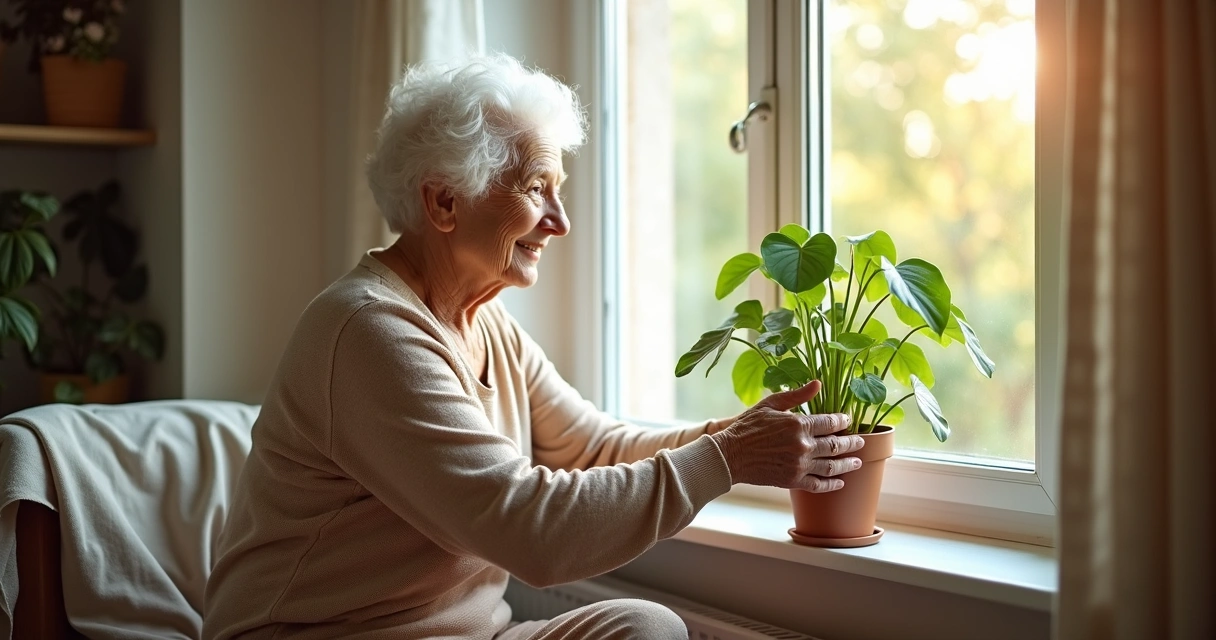 Idosa cuidando de planta ao lado de janela em ambiente acolhedor