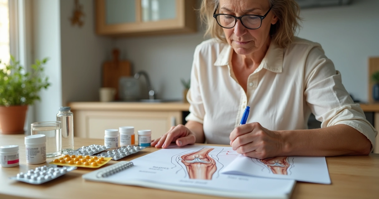 Mulher madura observa frascos de medicamento para artrose ao lado de ilustração de joelho. 