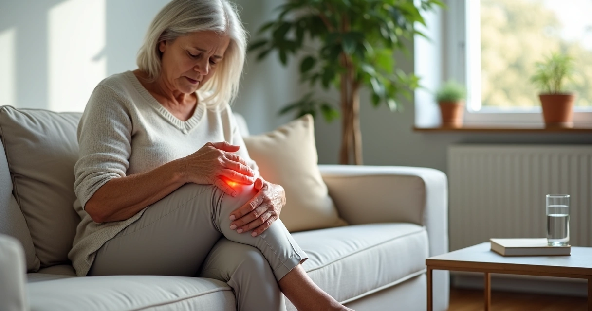 Mulher madura sentada no sofá segurando o joelho dolorido 