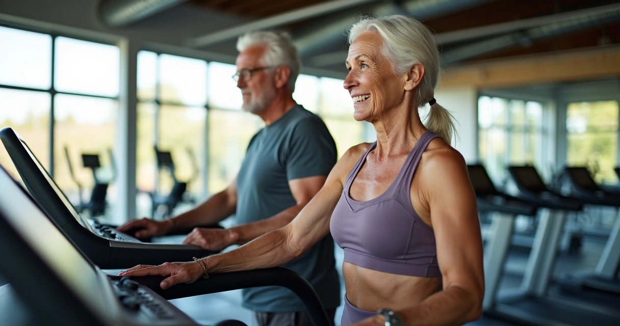 Sênior fazendo exercício em academia moderna