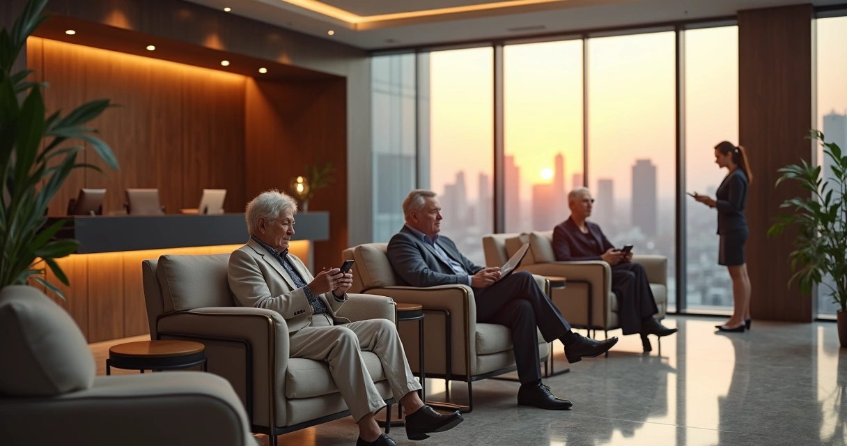 Adultos maduros 50+ em lounge de clínica premium aguardando atendimento de saúde 