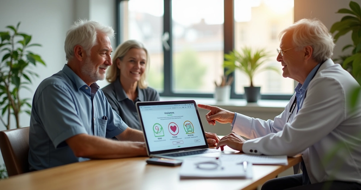 Casal sênior conversando com consultor sobre plano de saúde em ambiente acolhedor 
