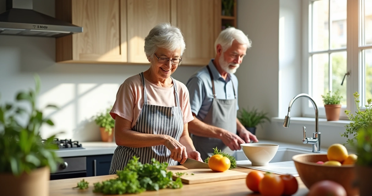 Older couple cooking together in a bright kitchen 