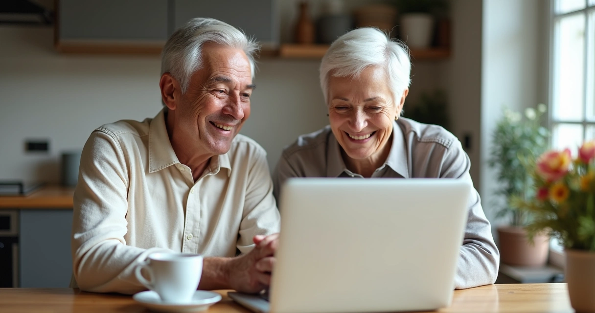 Senior couple sitting together looking at a laptop screen