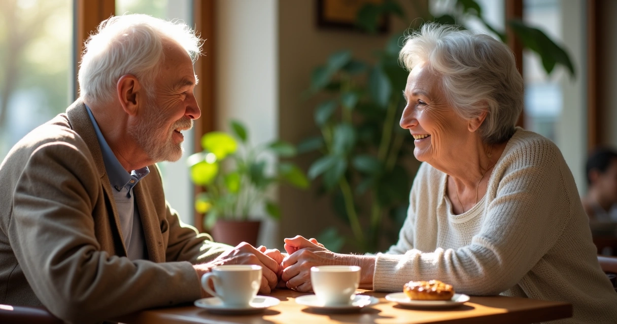 Senior couple smiling at a cafe table, warming hands around coffee cups