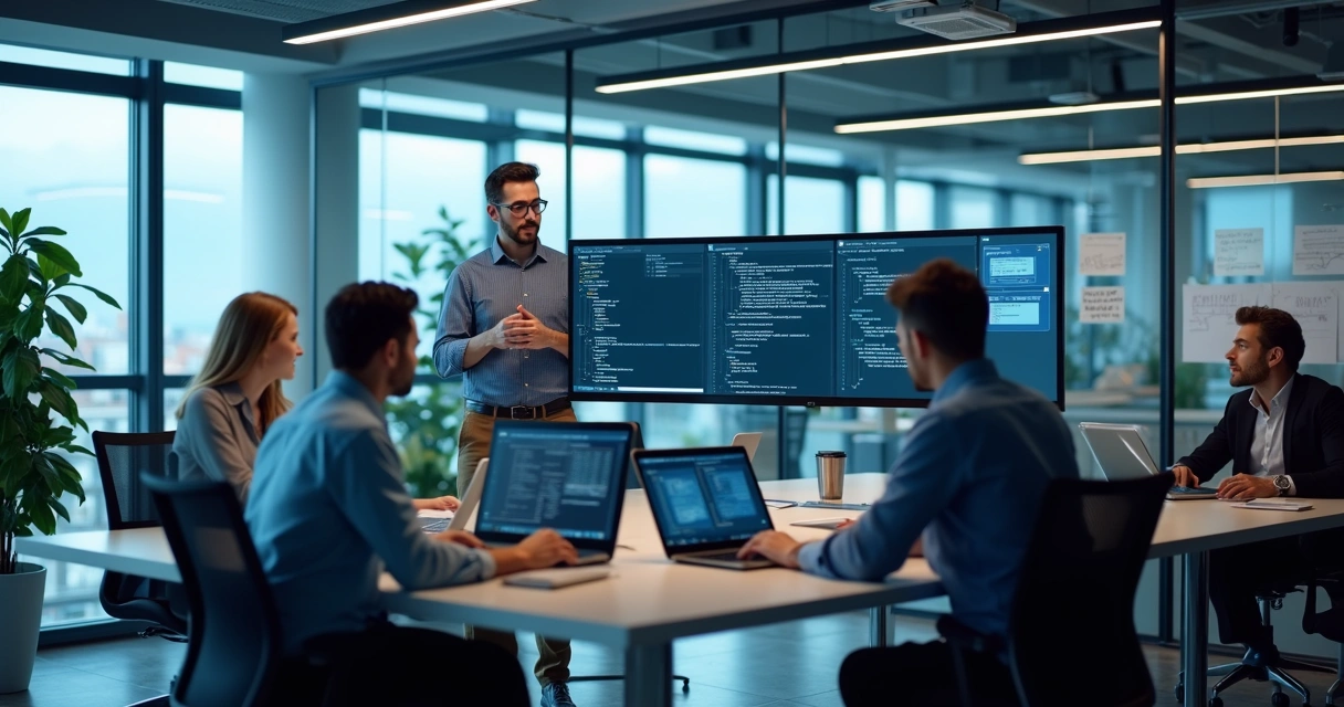 Senior software engineer discussing code with a remote team 