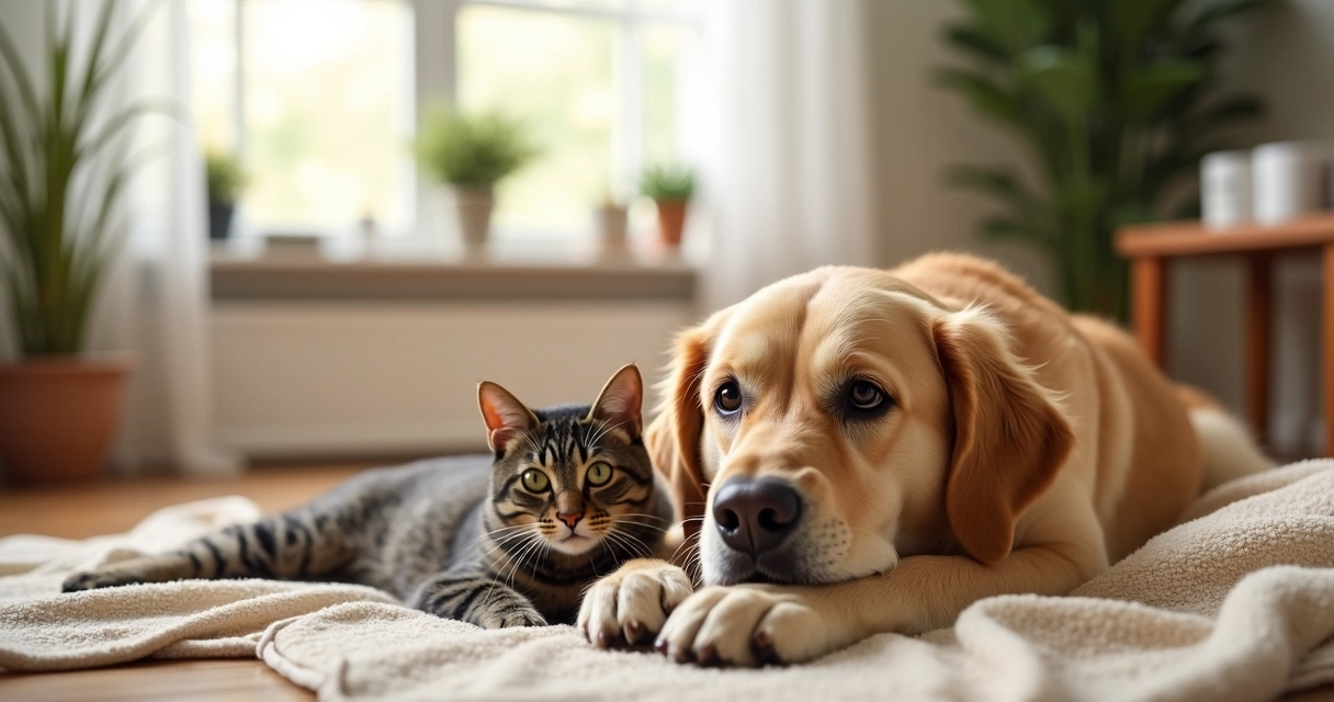 Senior dog and cat resting peacefully on a soft blanket in a cozy living room