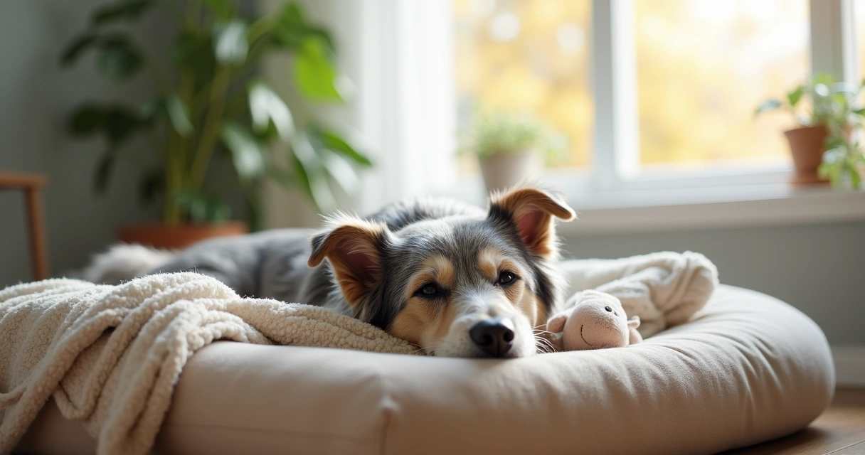 Senior dog resting on cozy bed by the window