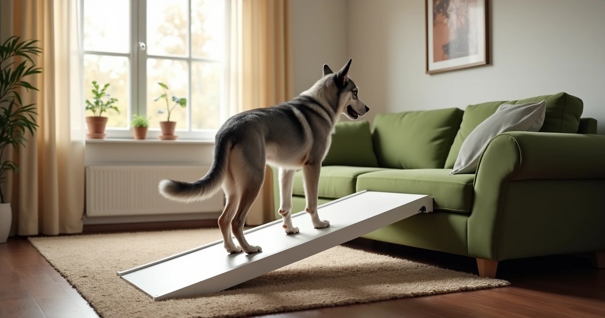 Senior dog carefully using a mobility ramp to reach a couch in a cozy living room