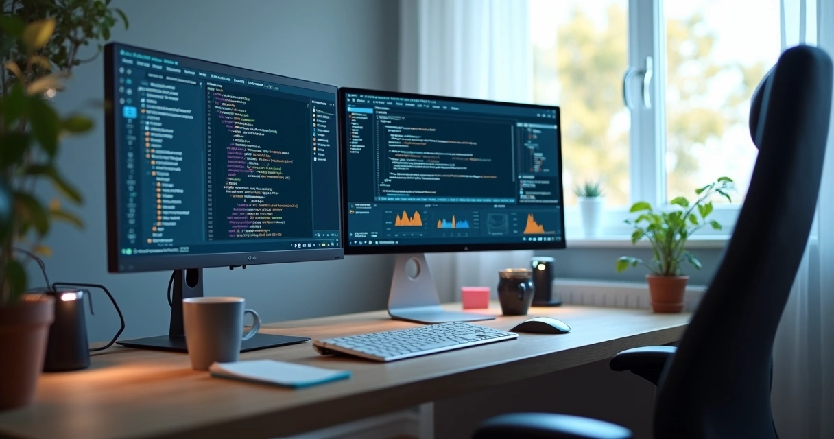Senior engineer remote work setup with tech equipment 