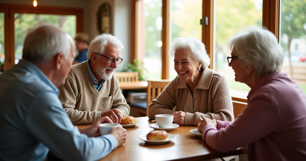 Group of senior friends laughing together at a cafe table