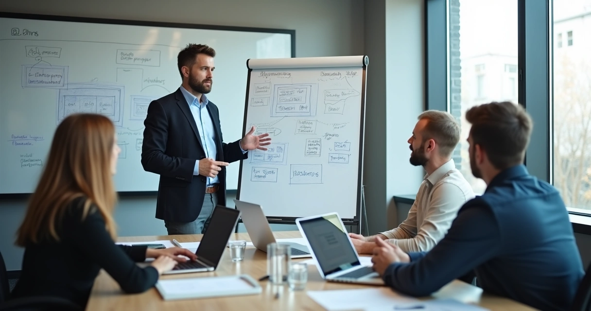 Senior developer highlighting project strategy on whiteboard 