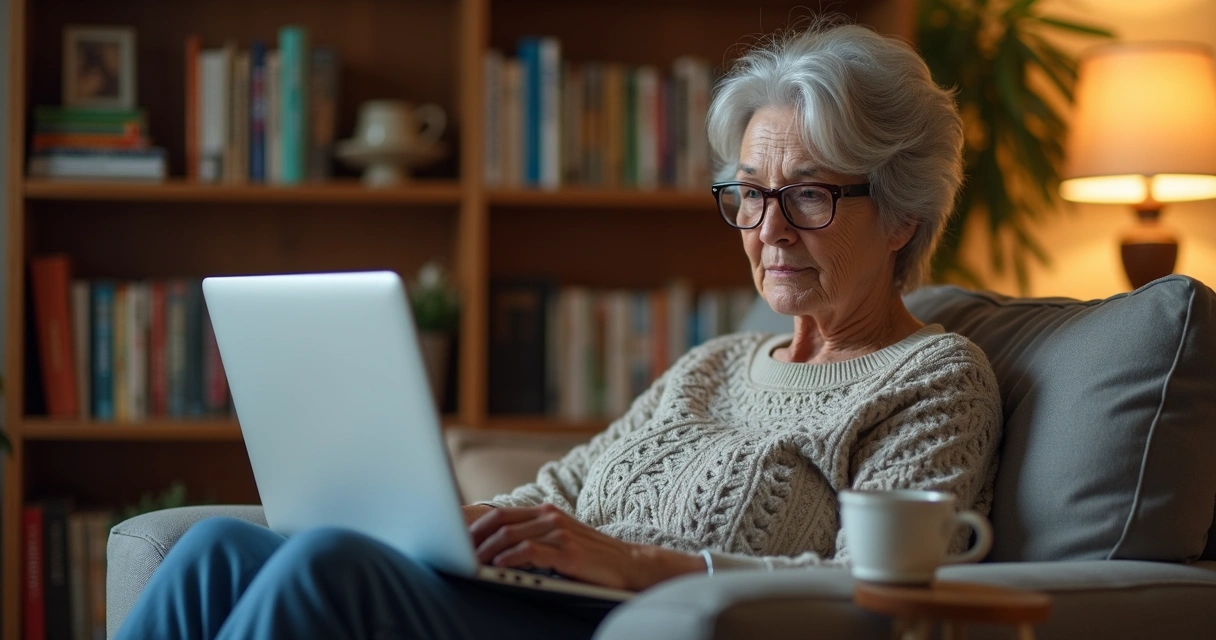 Senior woman on laptop looking at online dating profile