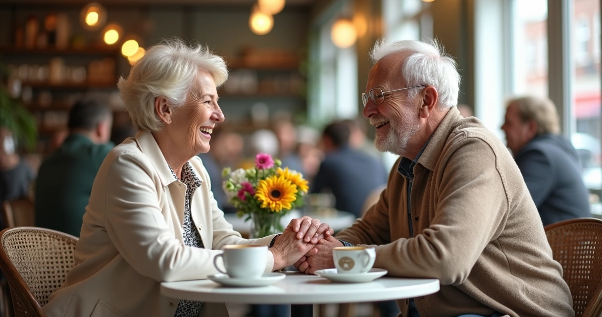 Two seniors smiling and holding hands at a cafe table
