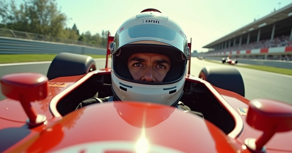 Ayrton Senna pilotando carro de Fórmula 1, olhando atento para a curva, carros ao redor 