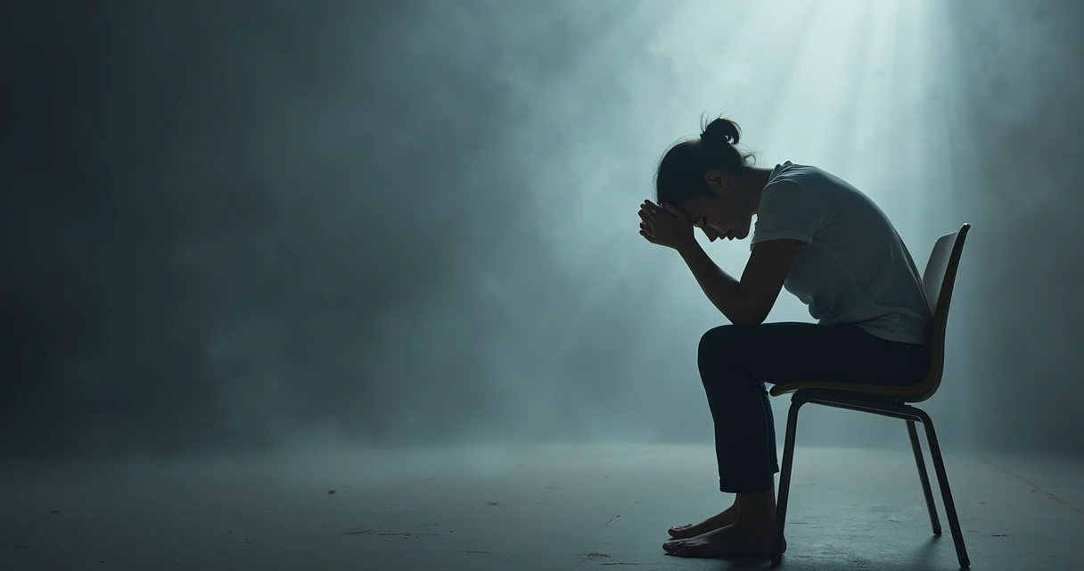 Pessoa sentada sozinha com expressão cansada, rodeada por um halo escuro 