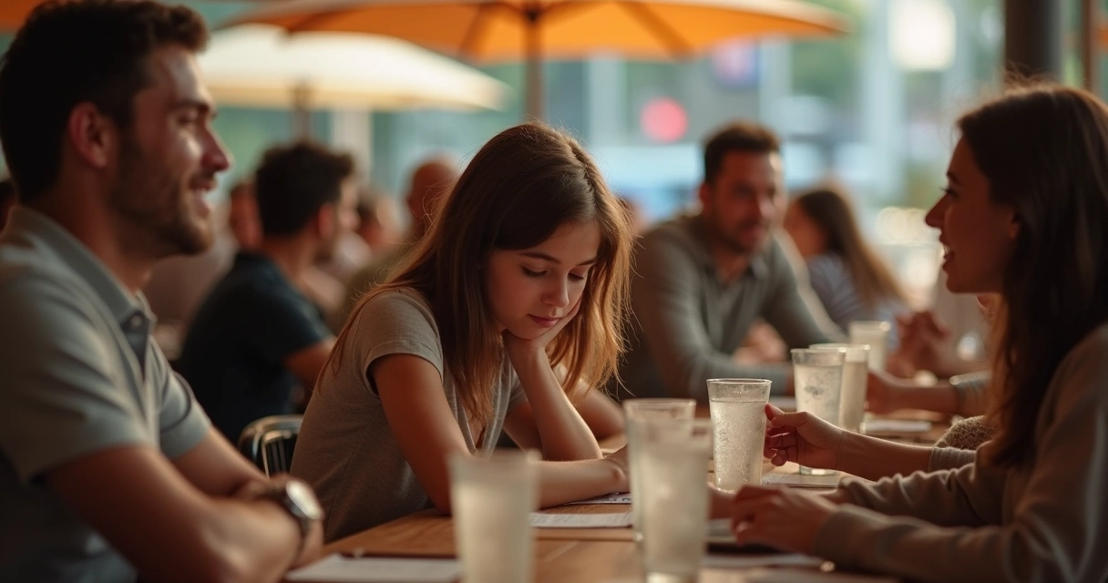 Jovem sentado entre amigos olhando para baixo, transmitindo sensação de isolamento