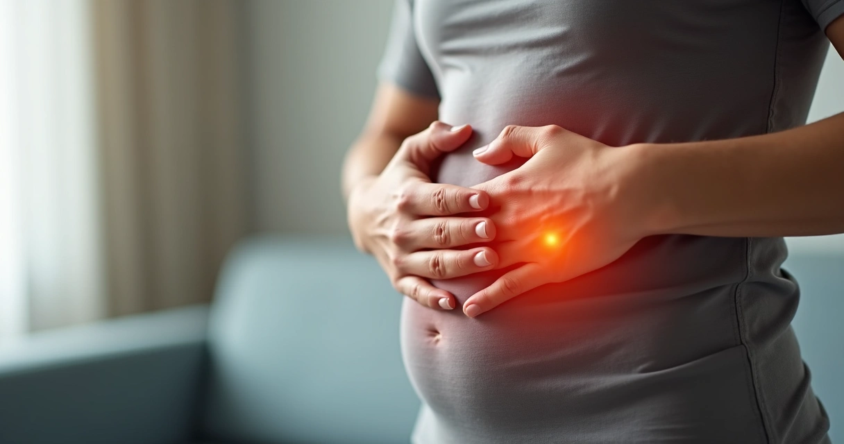 Mano tocando el abdomen en señal de tensión corporal