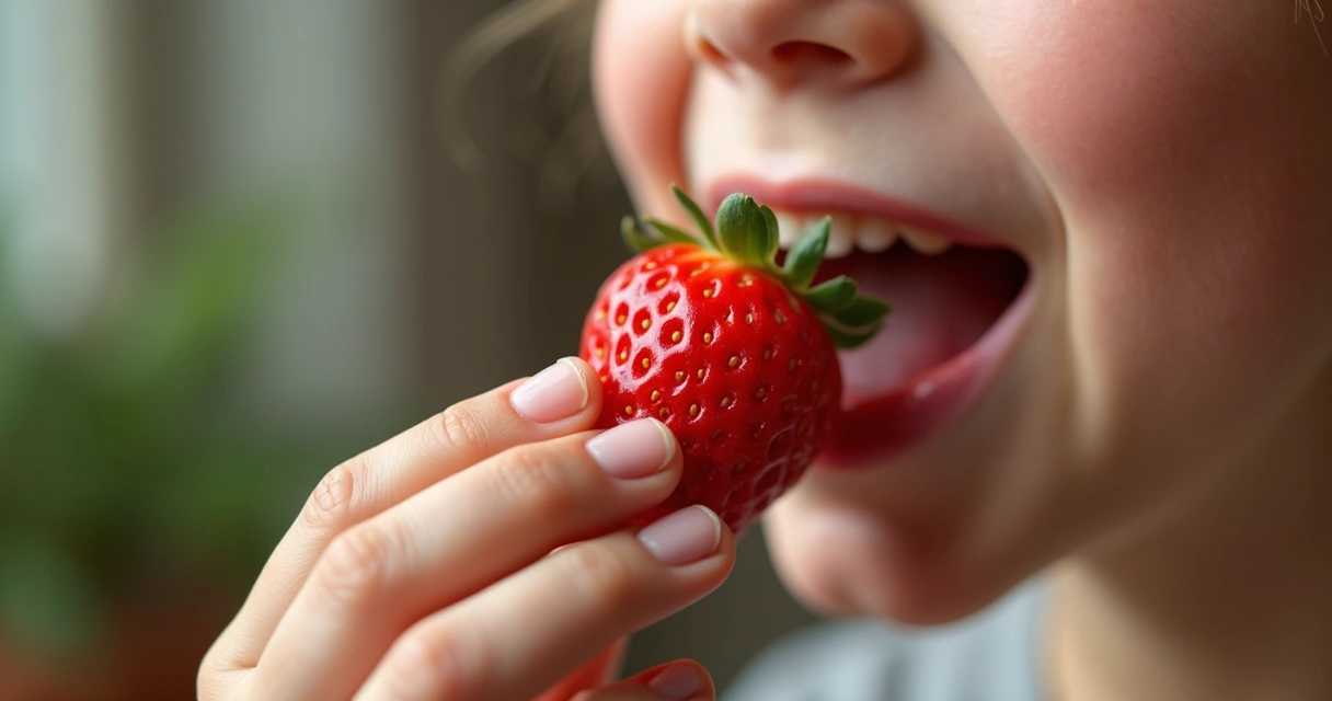 Mão com alimento próximo ao rosto mostrando cheiro e cor 