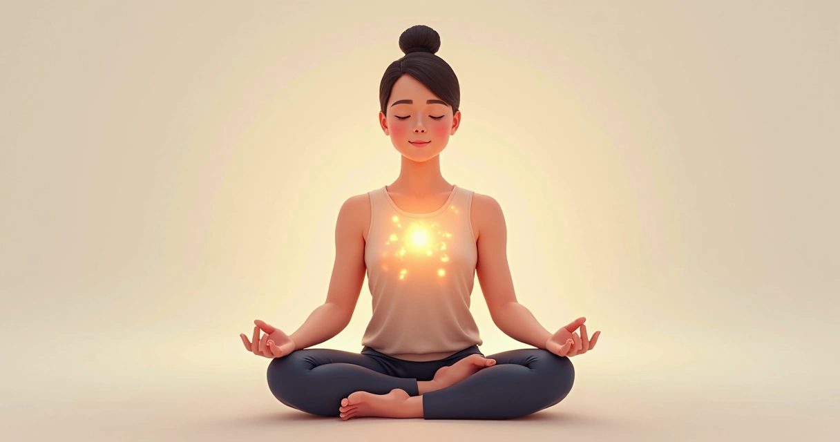 Pessoa sentada em posição de meditação, olhos fechados, mãos no colo, com pontos luminosos no peito e na cabeça indicando foco em sensações corporais e emoções, fundo neutro e suave. 