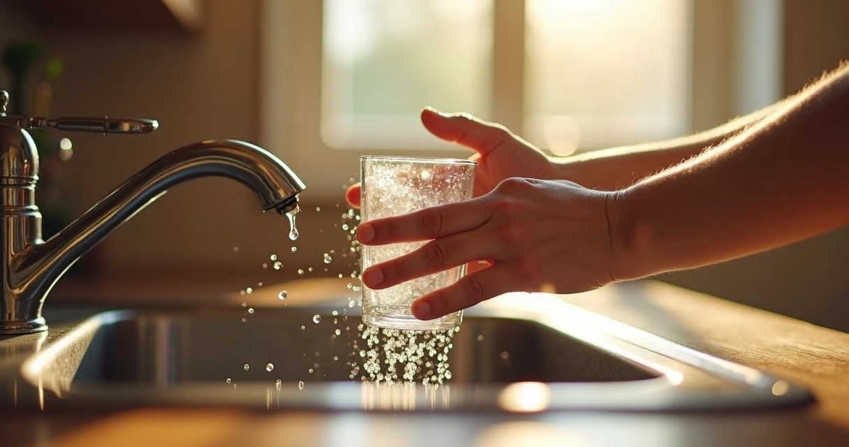 Mãos enxugando um copo de vidro brilhante perto da pia, com gotas d’água reluzentes 