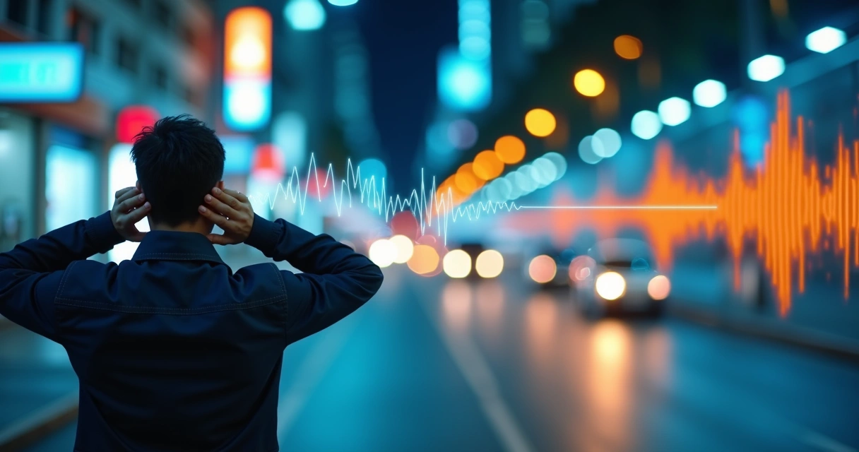 Mãos de adulto cobrindo os ouvidos em ambiente urbano com luzes fortes e trânsito ao fundo. 