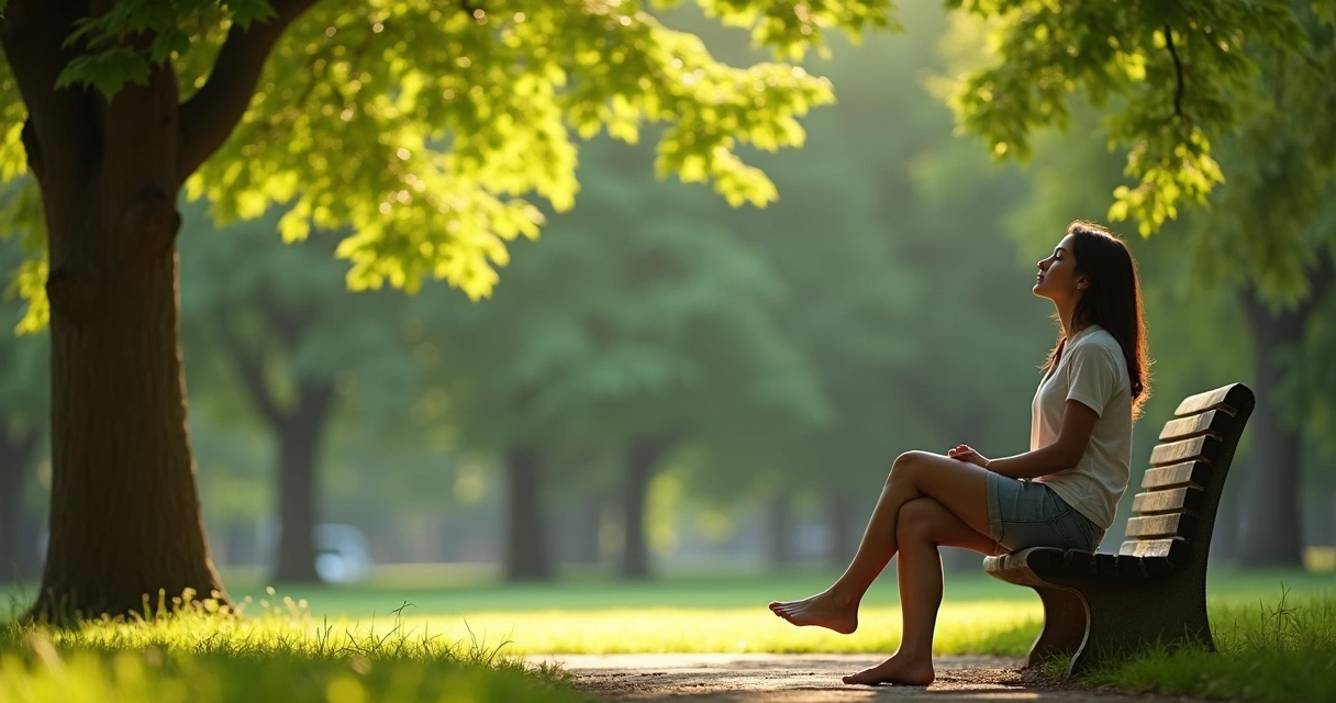 Person sitting quietly in nature, calm face, trees and sunlight around