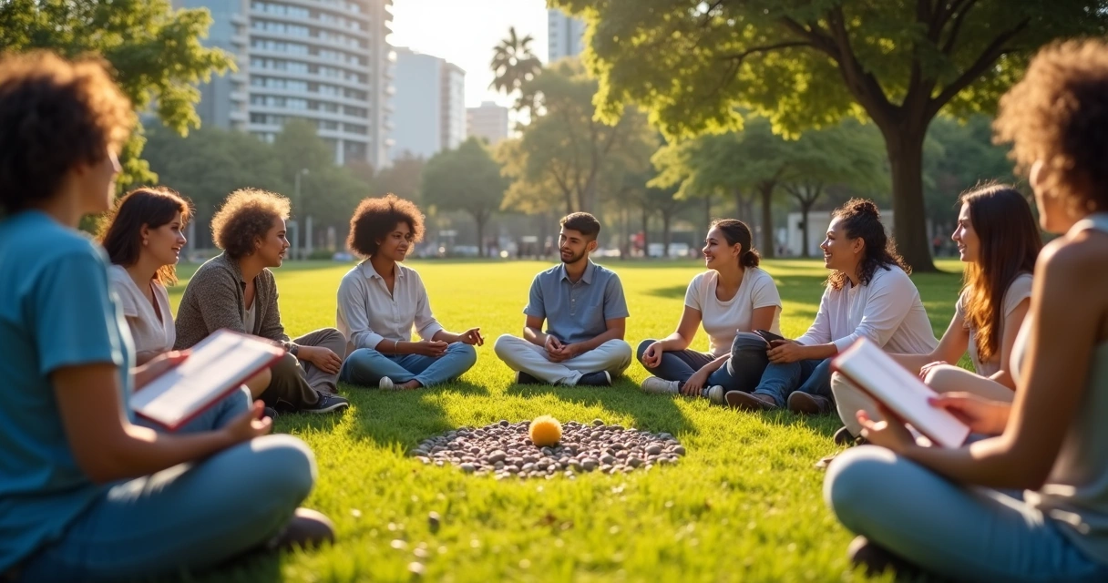 Grupo diverso em roda ao ar livre simbolizando senso de comunidade e crescimento pessoal 