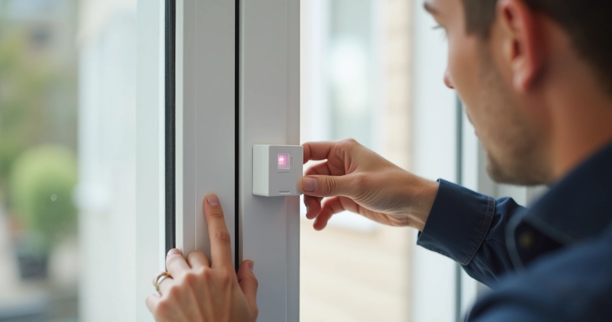 Sensor de alarme moderno instalado em porta de ambiente residencial. 