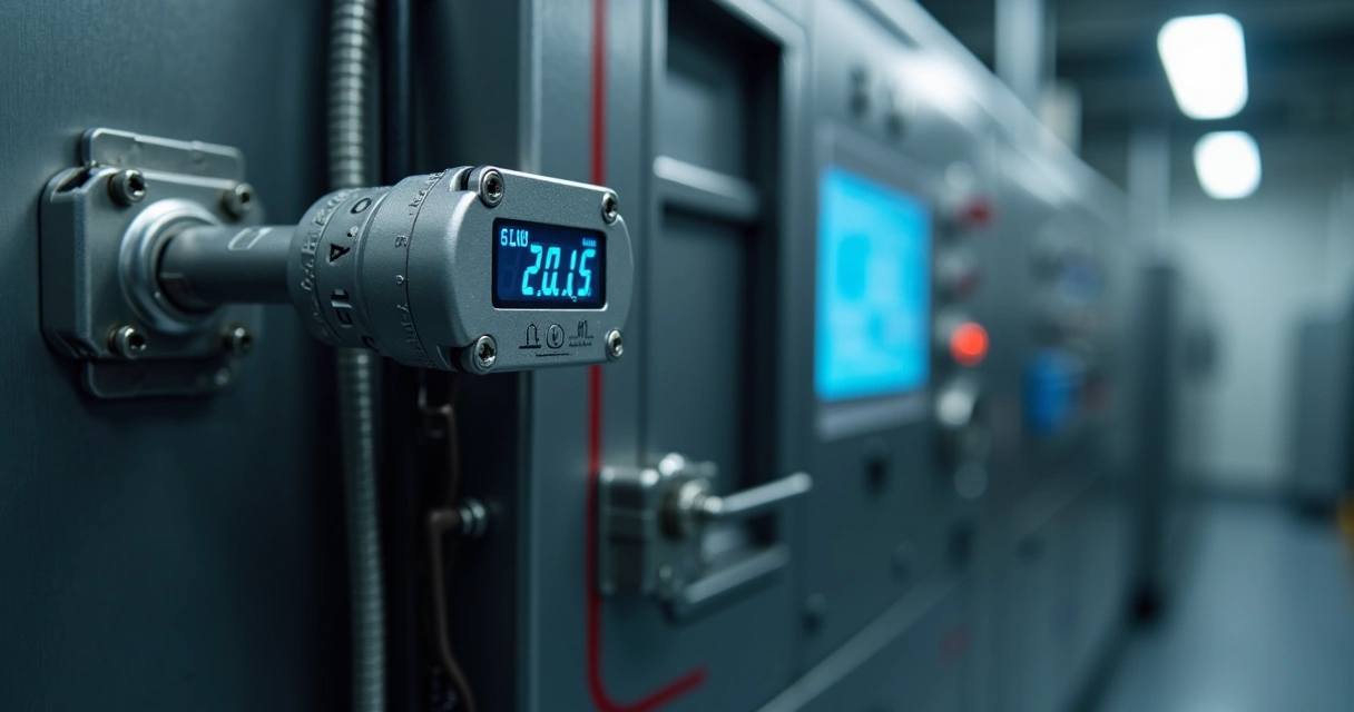 Sensor de temperatura em equipamento industrial de refrigeração, luz azul marcando medição