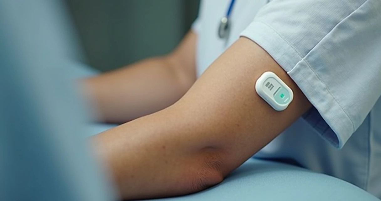 Sensor FreeStyle Libre aplicado no braço, discreto e de cor clara.