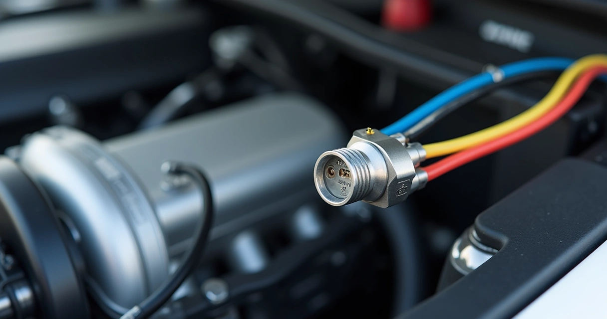 Detalhe de sensor automotivo conectado a cabo elétrico 