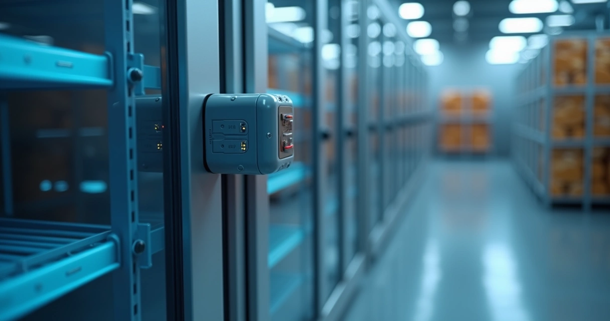 Sensor autônomo instalado em equipamento de refrigeração monitorando temperatura em frigorífico moderno 