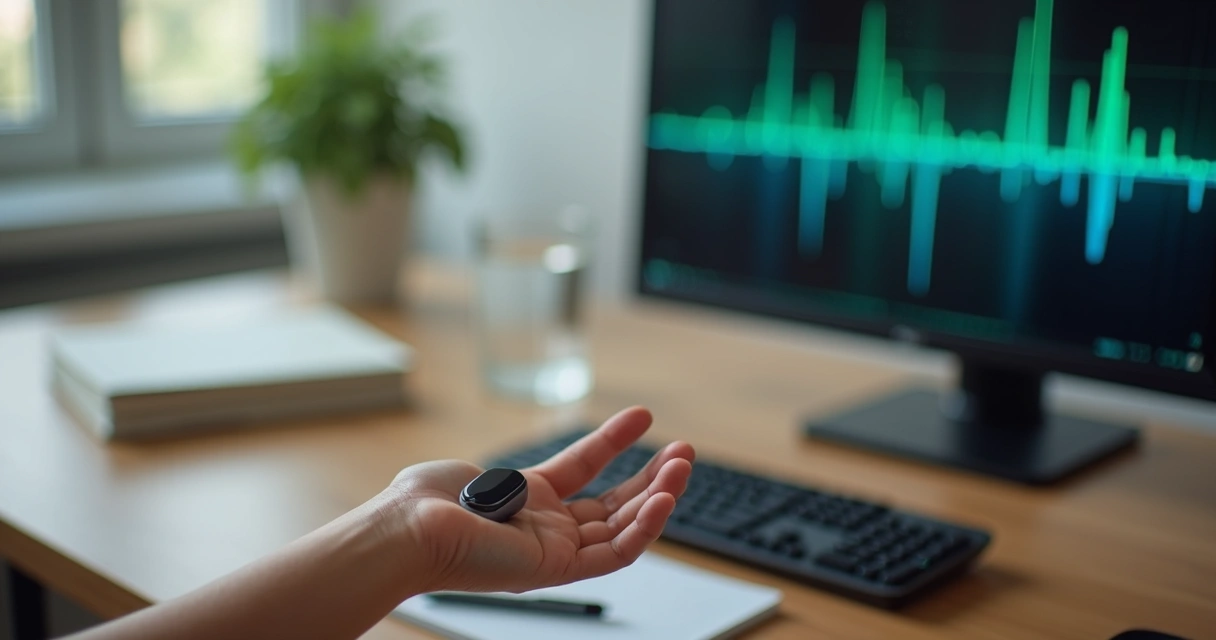 Sensor no dedo mostrando batimentos cardíacos em sessão de biofeedback 
