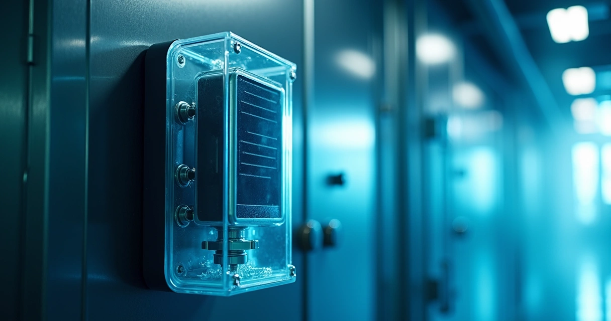 Sensor digital instalado en pared fría, protegido por caja plástica con visor transparente.