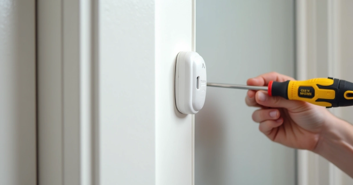 Sensor de alarme instalado em parede, próximo à porta de entrada 