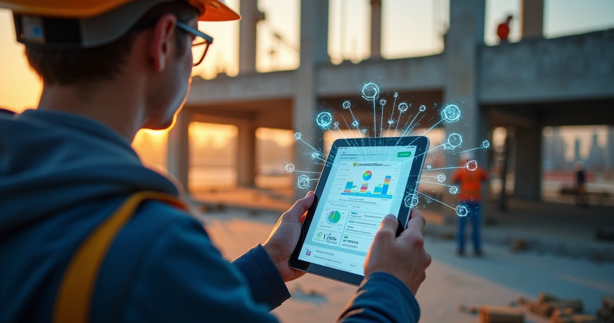 Sensores e engenheiro monitorando obra digitalmente