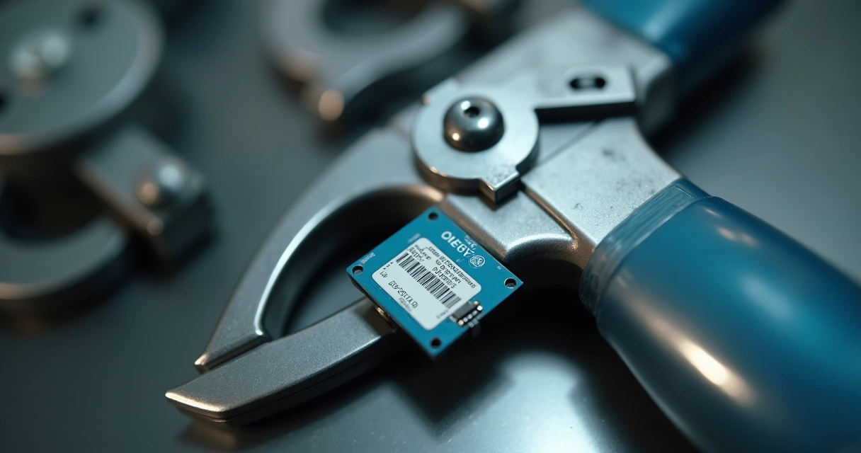 Detalhe de sensor e etiqueta em equipamento industrial 