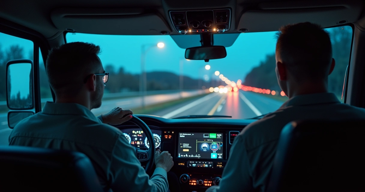Cabine de caminhão à noite com sensor de fadiga monitorando motorista atento 