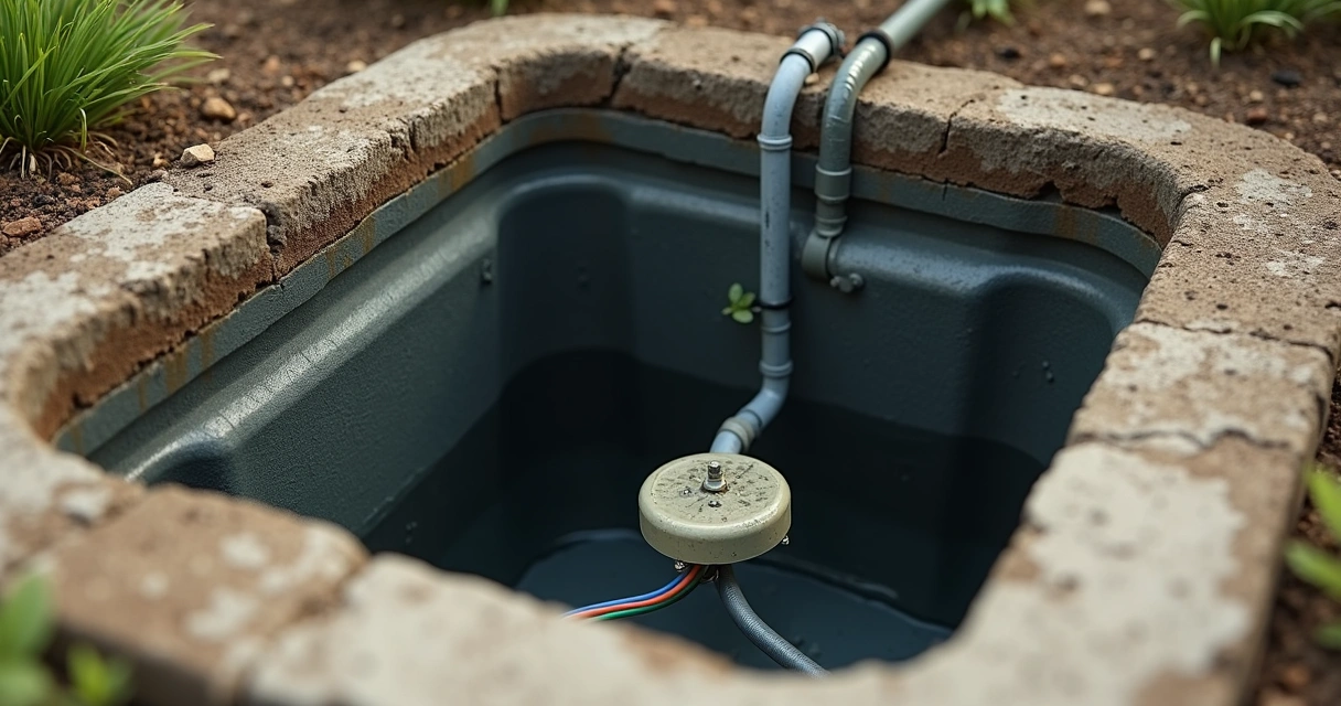 Sensor de boia instalado numa fossa séptica doméstica 