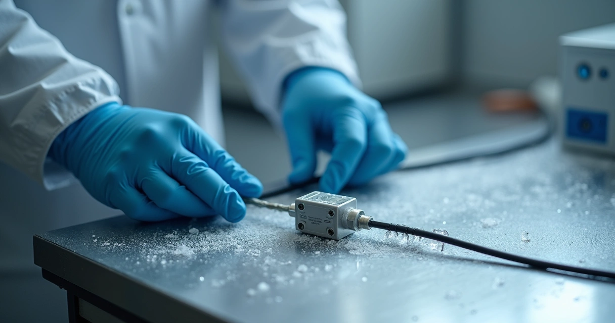 Técnico ajusta sensor pequeno em superfície metálica congelada com formação leve de gelo 