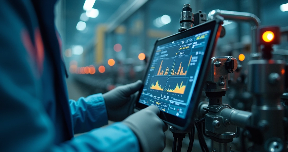 Sensor em equipamento industrial com análise digital. 