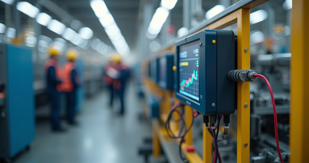 Sensor industrial instalado em máquina de produção 