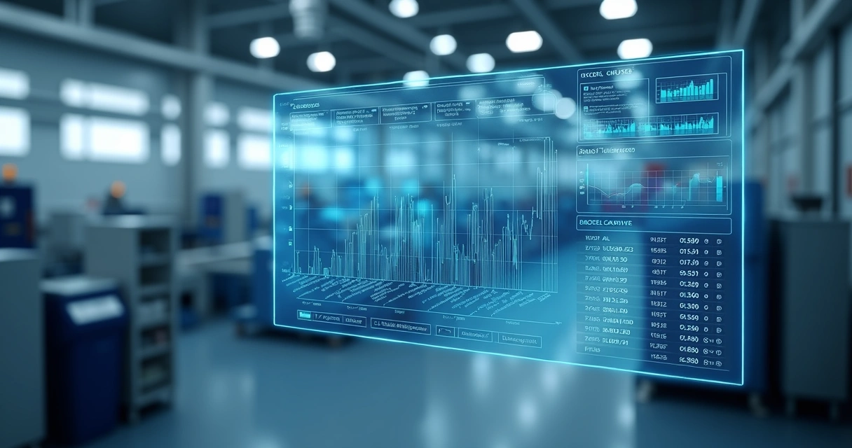 Sensor industrial em ambiente monitorado registra dados em uma tela digital