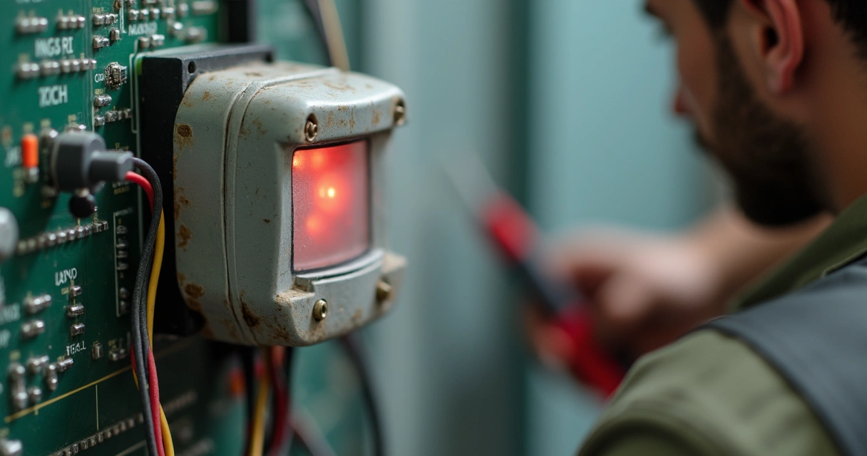 Sensor infravermelho em um painel com placa-mãe e fios expostos 