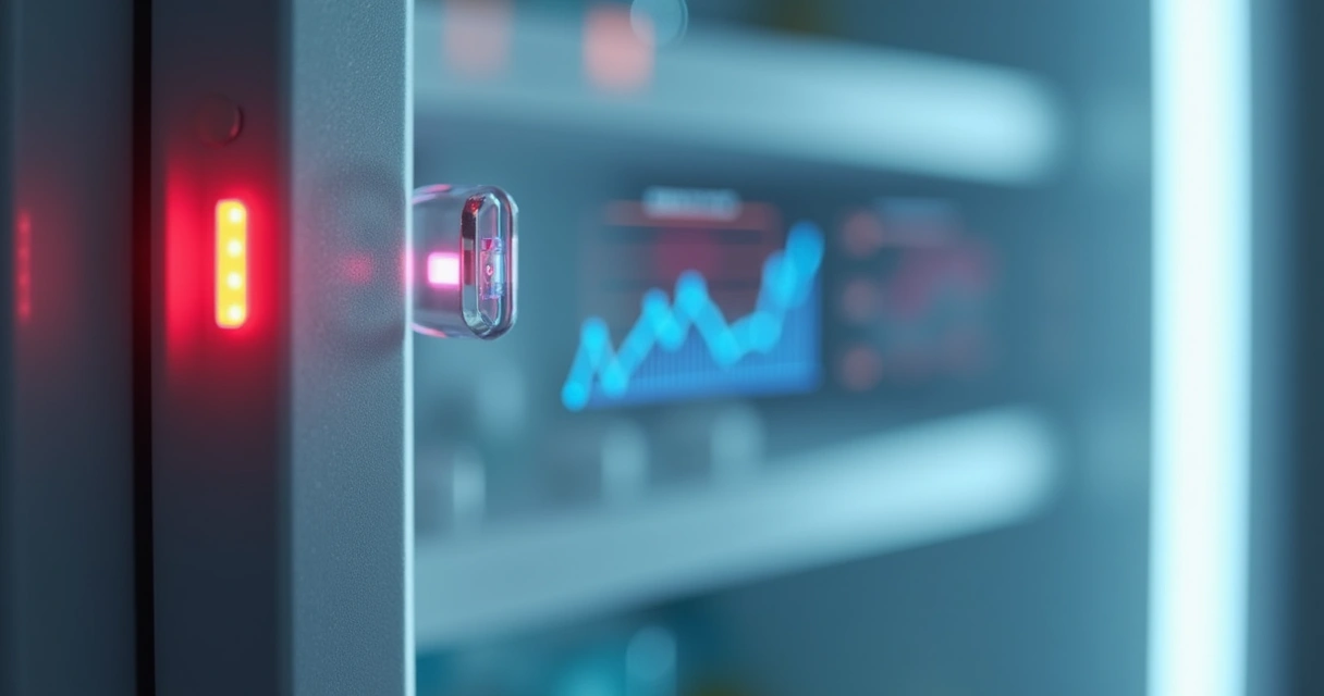 Sensor inteligente em geladeira de vacinas, luz vermelha de alerta 