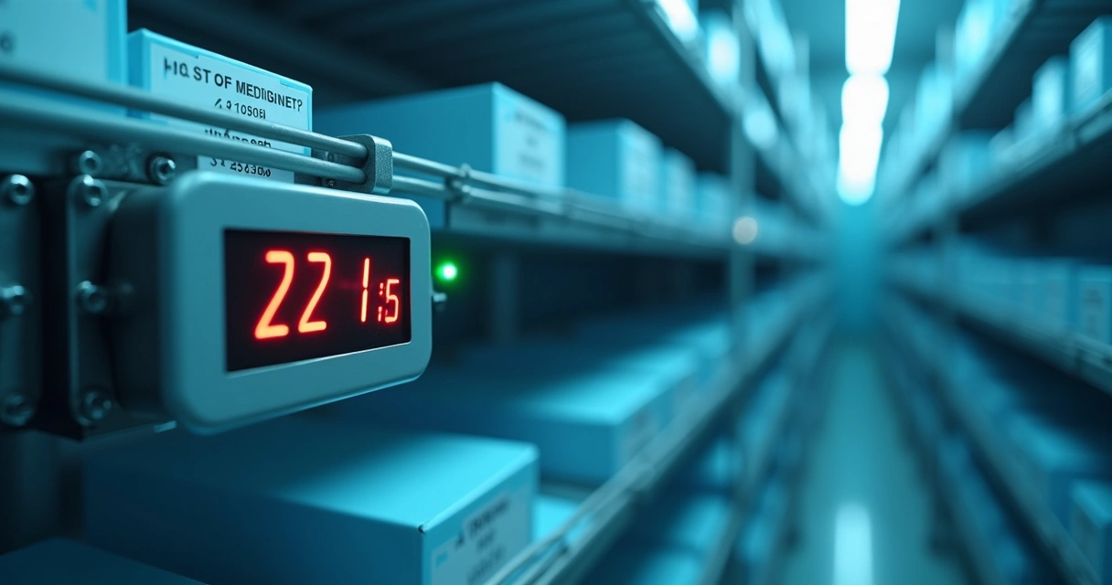 Sensor IoT posicionado sobre caixas em armazenamento 