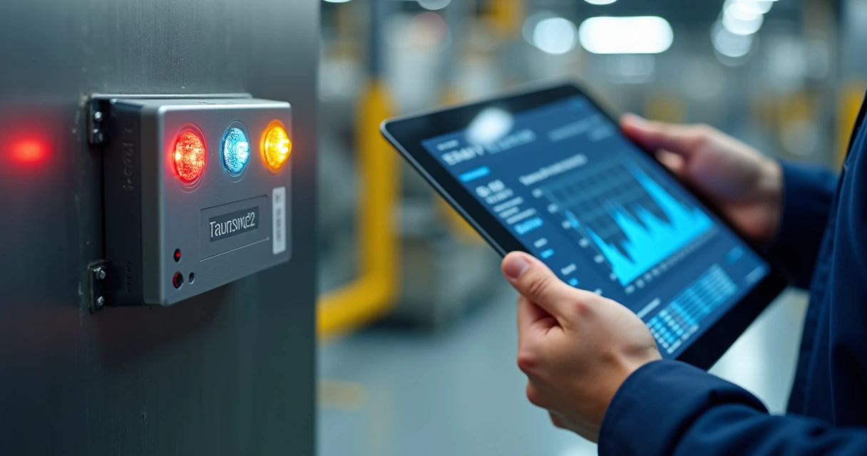 Sensor IoT instalado em máquina industrial coletando dados em tempo real 