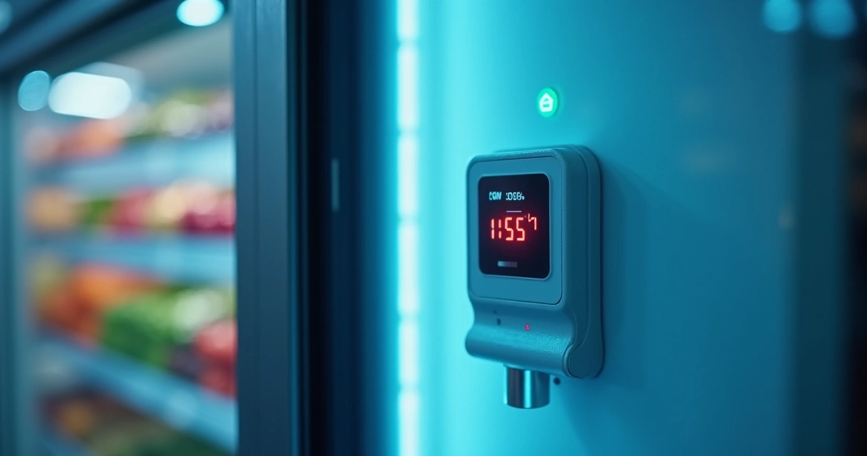 Sensor IoT em uma câmara fria de alimentos enviando dados digitais 