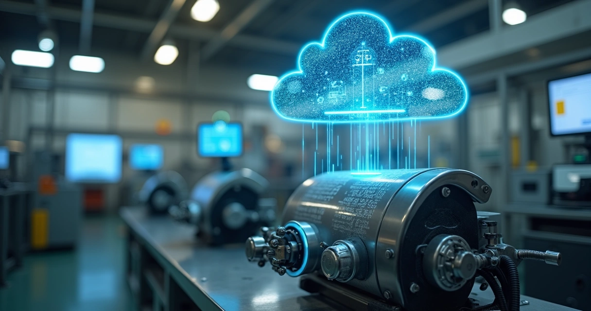 Sensor IoT monitorando máquina em fábrica conectada à nuvem